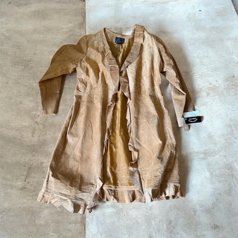 Ashro Tan Ruffle-Front Leather Duster Coat